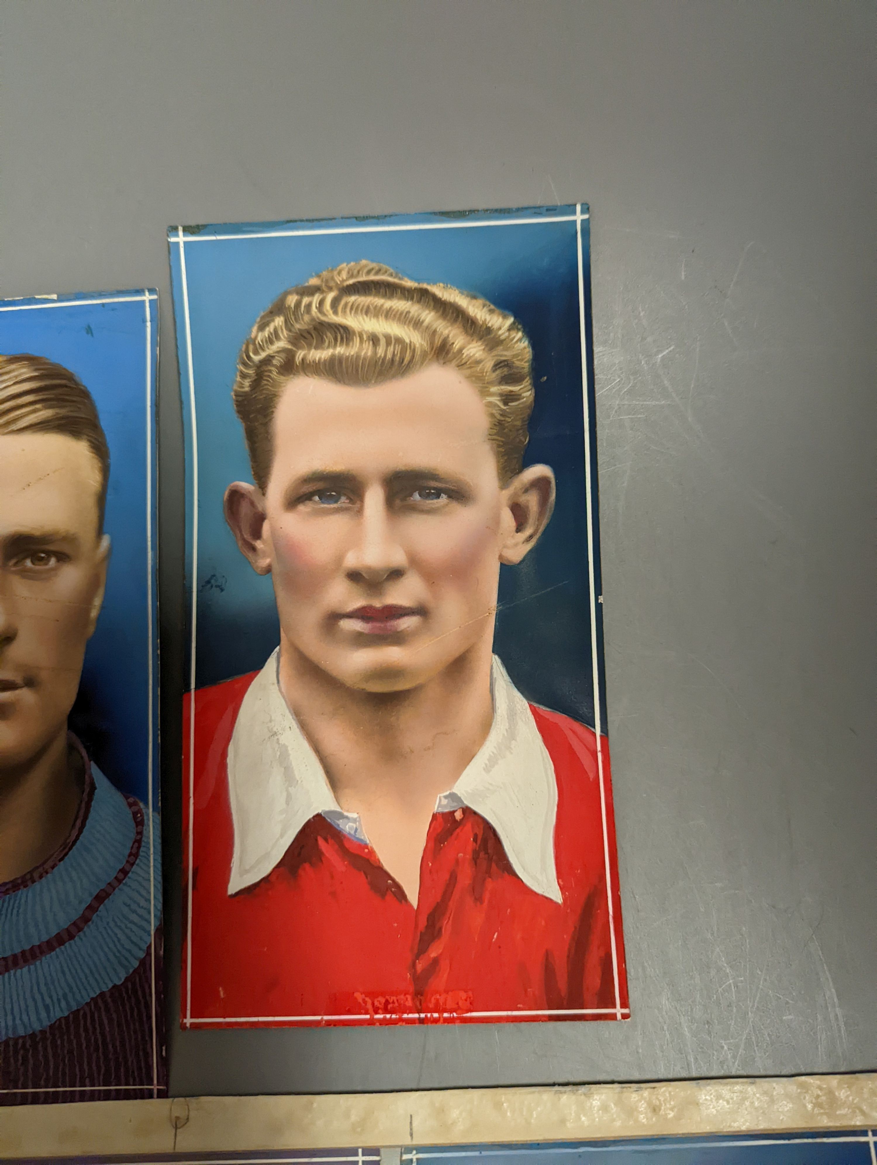 Seven original gouache illustrations of footballers c.1936 for Godfrey Phillips cigarette cards, each 19.5cm x 10.3cm